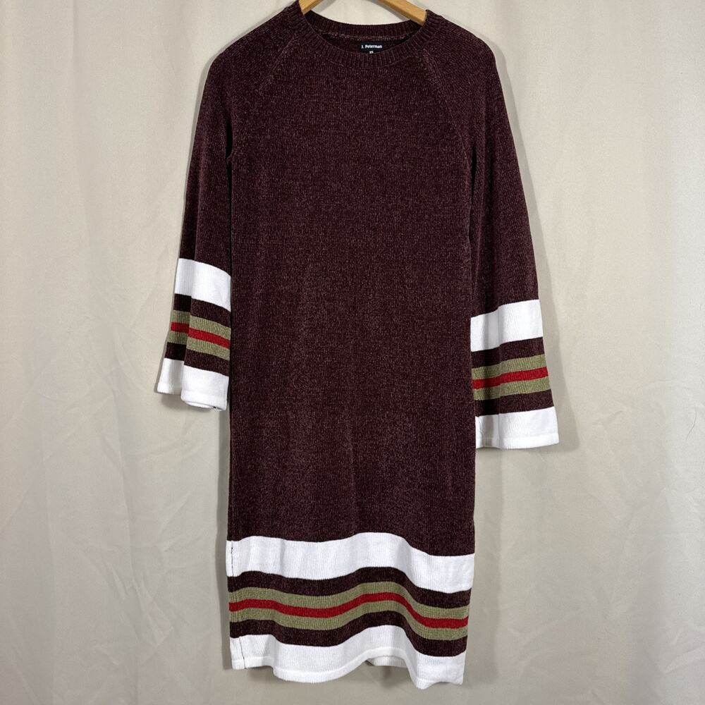 J. Peterman Burgundy Chenille Sweater Dress Retro Stripe Midi Women’s XS